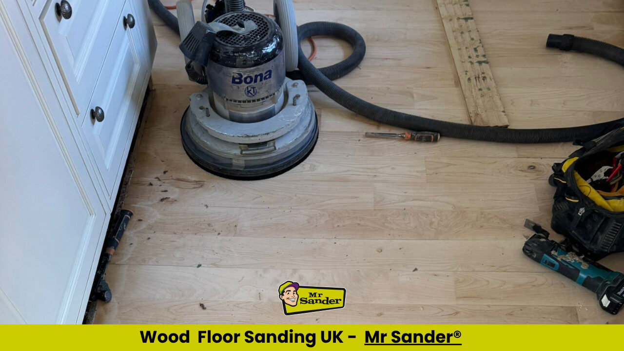 Floor Sanding and High‑Gloss Finishes being carried out on a light oak solid hardwood floor with a Bona dustless sanding machine by Mr Sander® UK